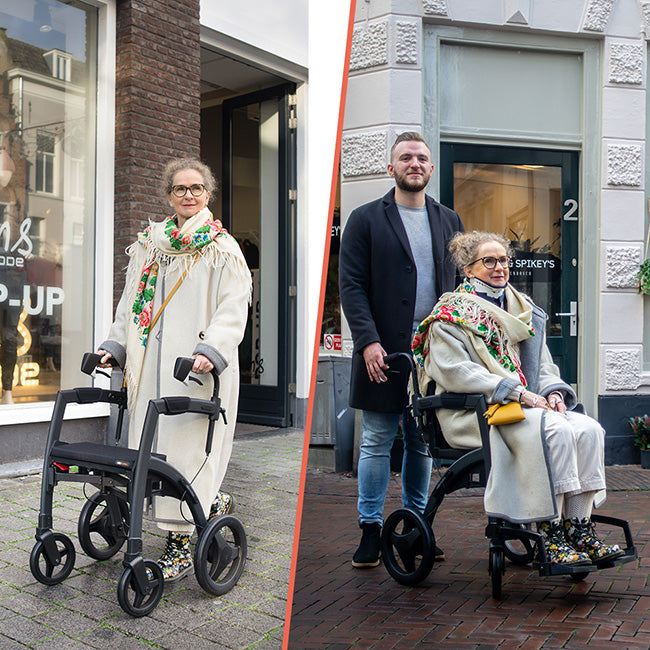 On the left, a well-dressed woman stand with the Rollz Motion walking frame on a bricked-tiled street. On the right, the same woman now sits in the walking frame which has been converted into a wheelchair and is being pushed by her adult son.