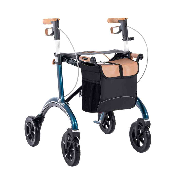 A blue walker rollator on a white background