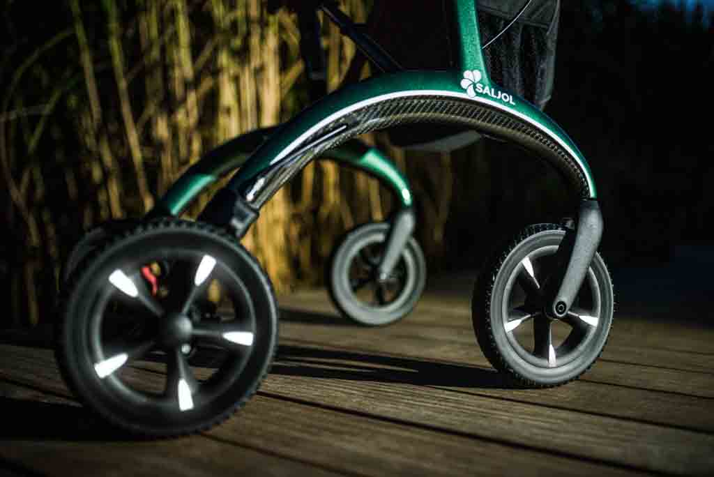 Reflective tires on a Saljol walker rollator