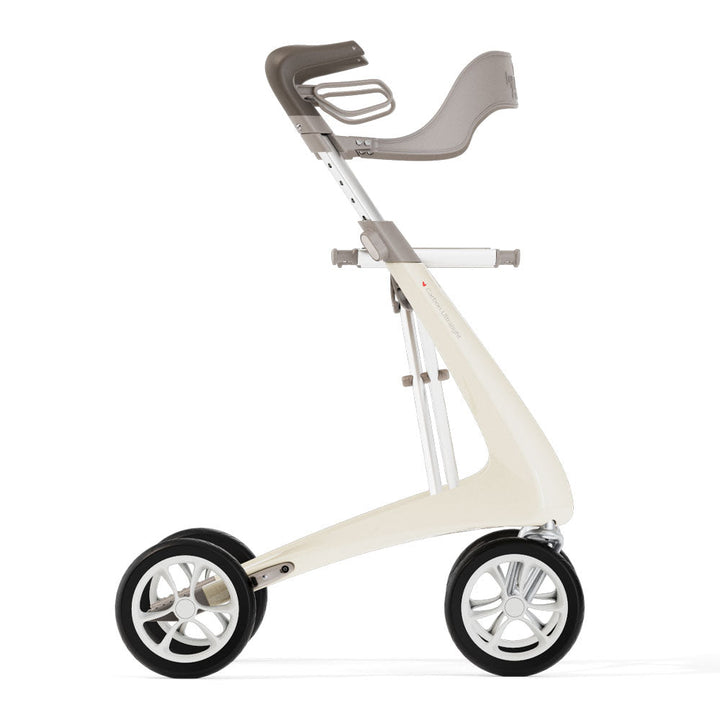 White 'byACRE Carbon Ultralight' rollator with backrest attached