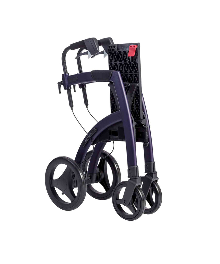 A purple 'Rollz Motion' rollator folded, on a white background