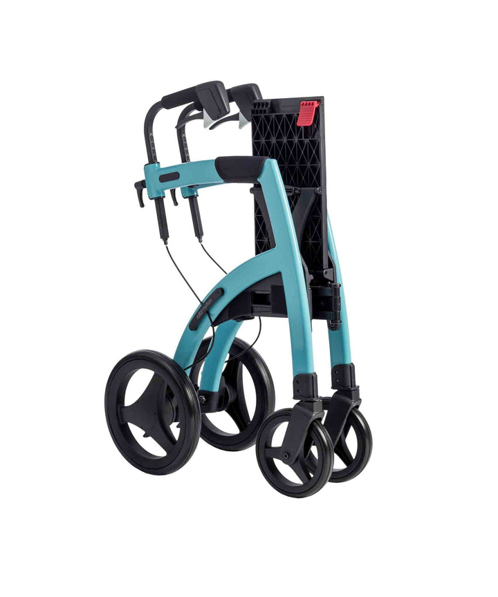 A blue 'Rollz Motion' walker folded, on a white background