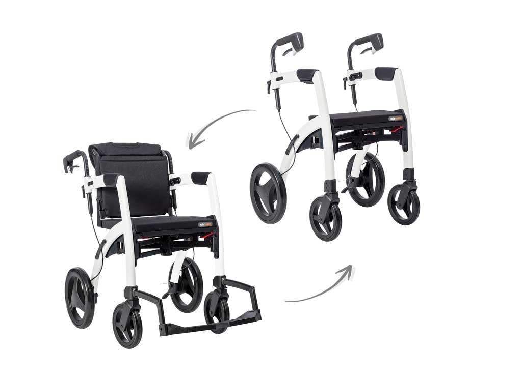 White Rollz Motion Walker in both rollator and wheelchair mode