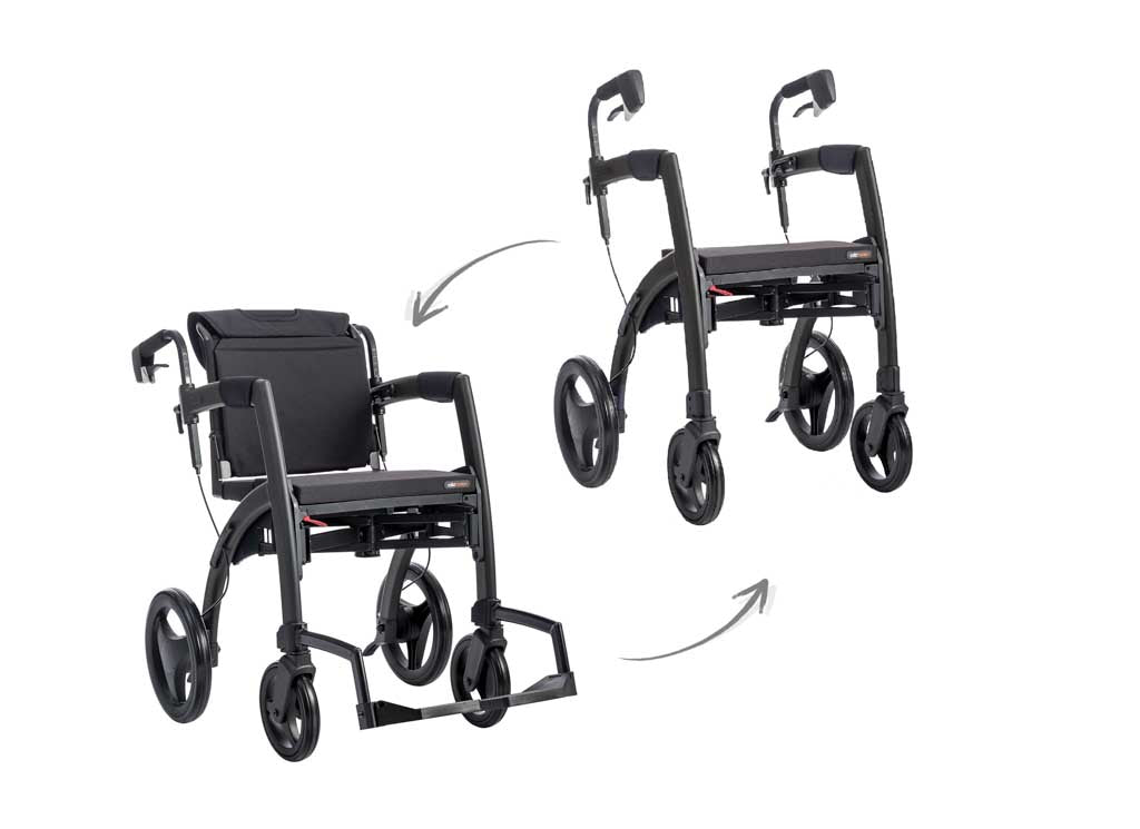 Black Rollz Motion Walker in both rollator and wheelchair mode