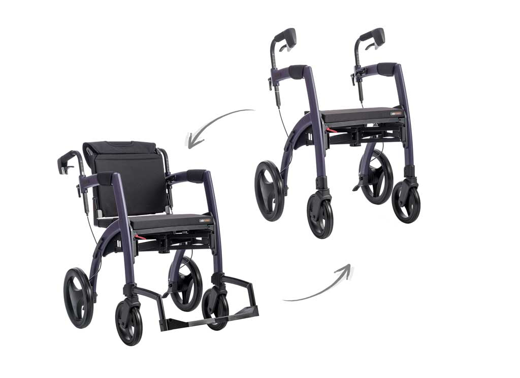 Purple Rollz Motion Walker in both rollator and wheelchair mode