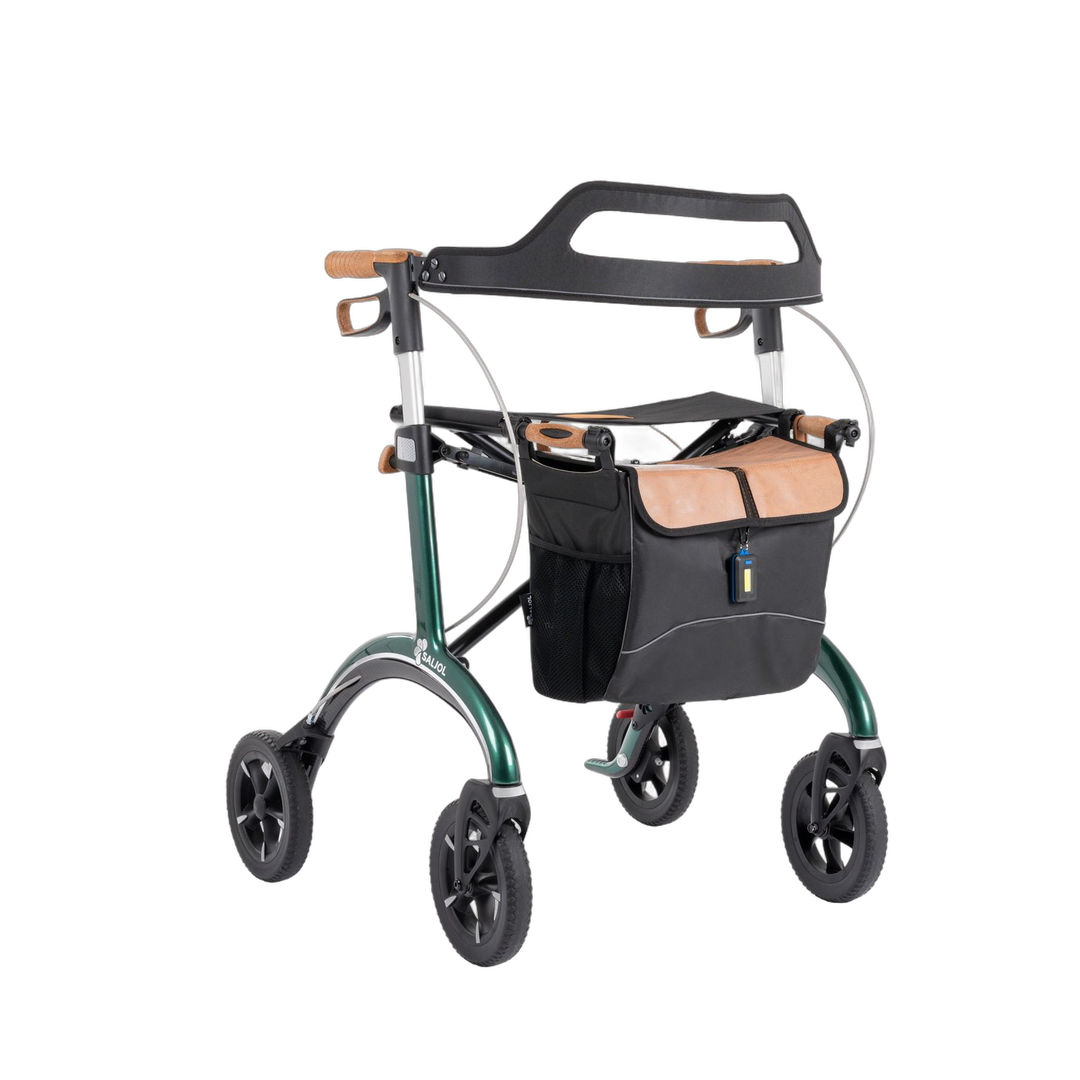 Green rollator with a bag on a white background