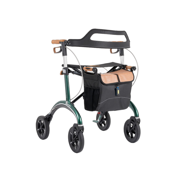 Green rollator with a bag on a white background