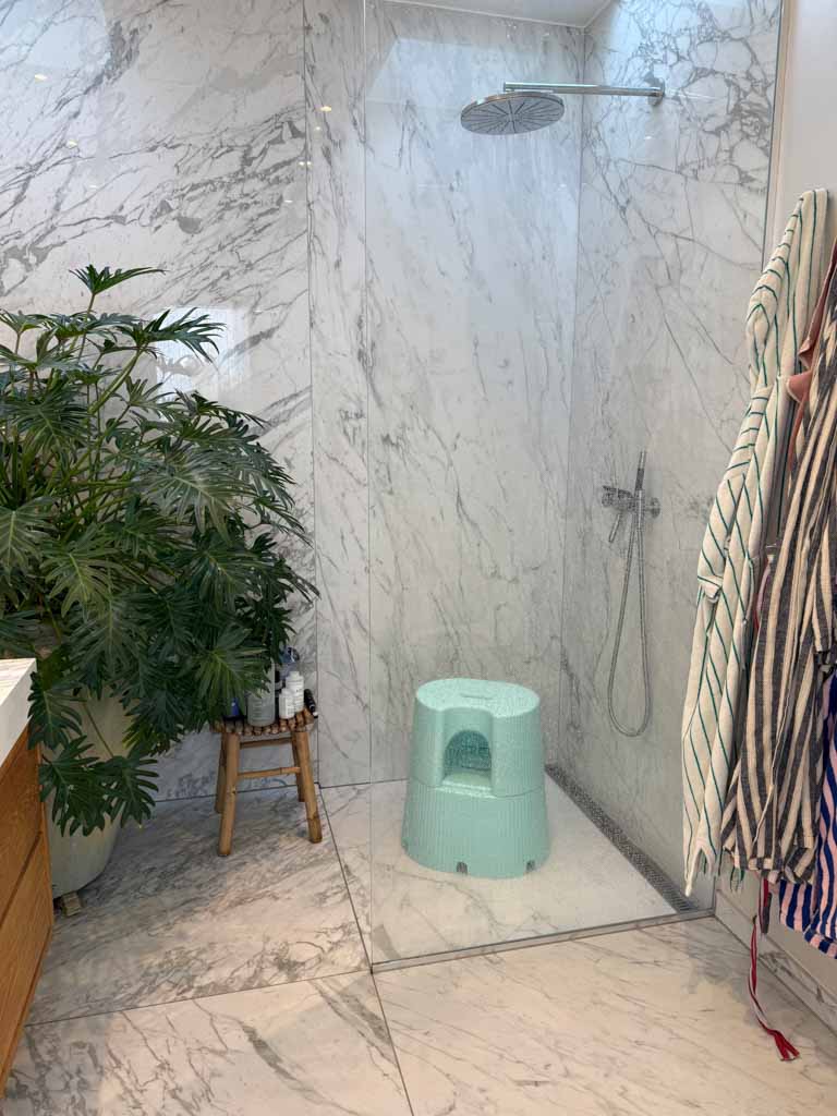 Shower area with a green stool, plant, and striped towel.