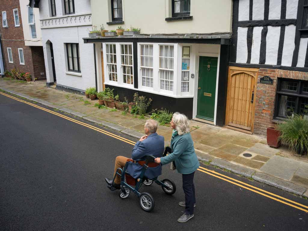 A woman pushes a mobility walker wheelchair used by a man, walking along a street with traditional British houses.