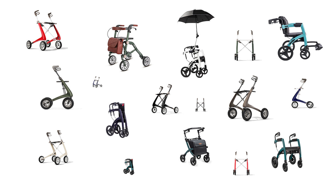 A collage of modern and well-designed walking frames and rollators. 