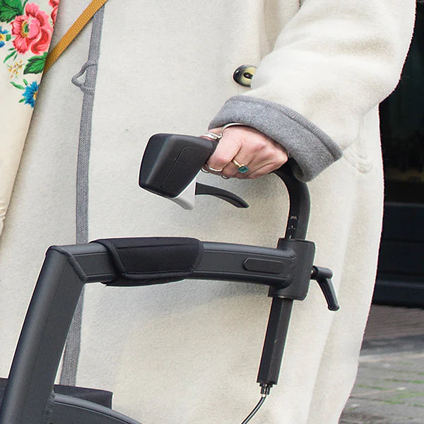 A close up of the handle on a rollz motion walking frame. 