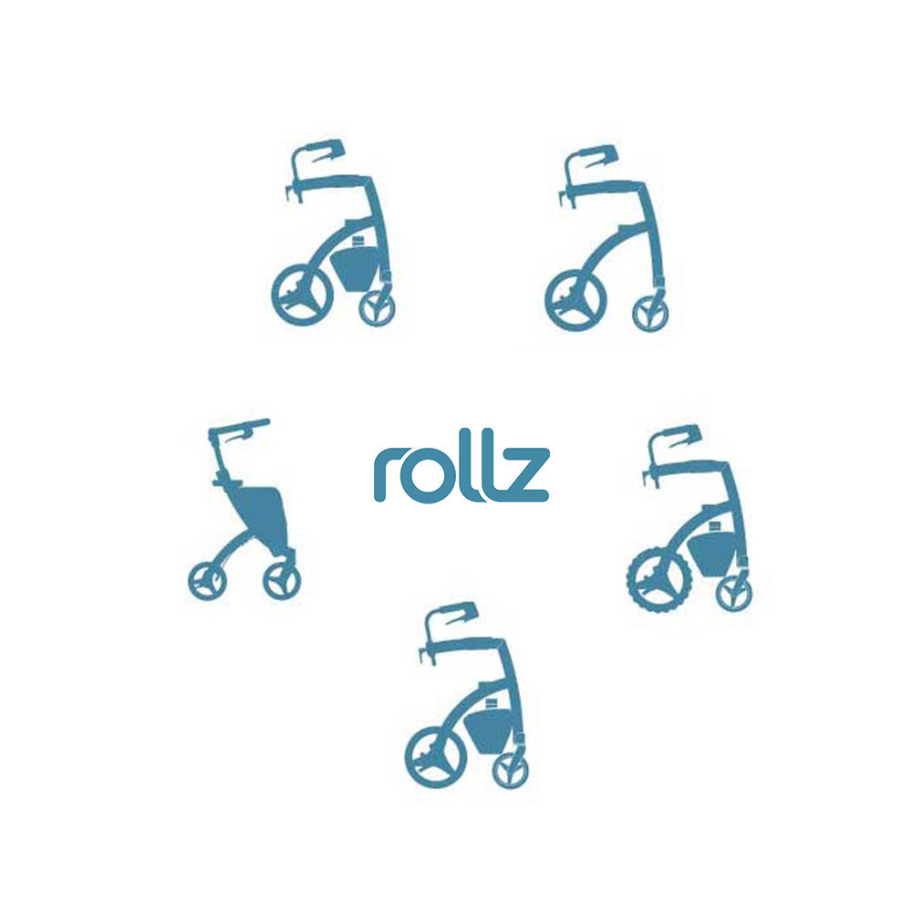 The logo surrounded by diagrams on different styles of Rollz walking frames and rollators