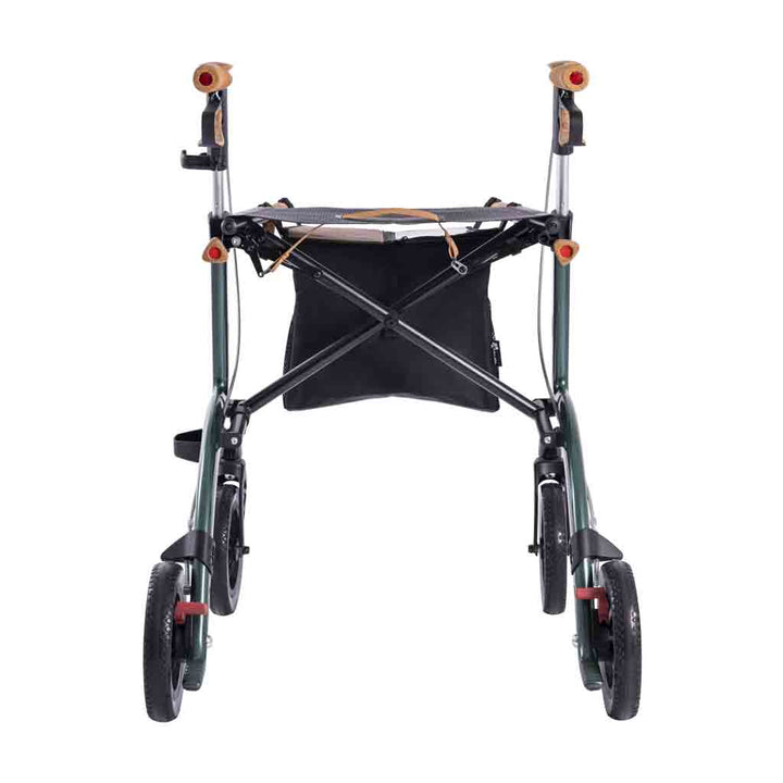 Rear angle view of a Green Saljol walking frame on a white background