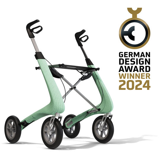 The byACRE Nordic Pioneer modern walking frame with an award on a white background