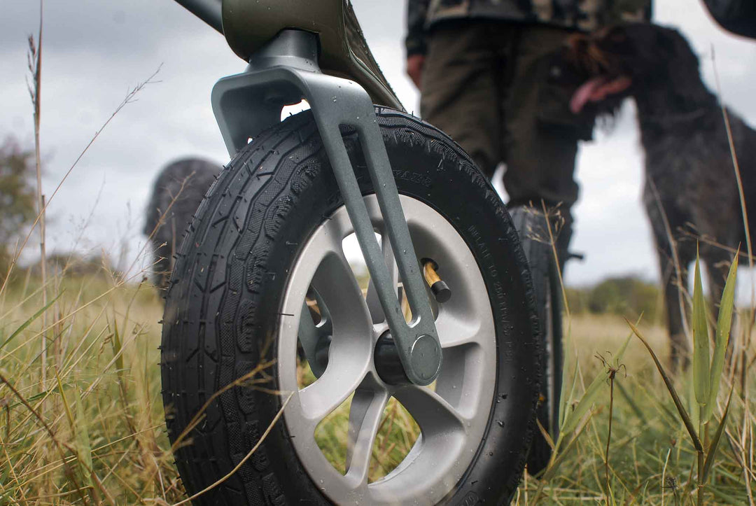 Front wheel of a Carbon Overland walking frame