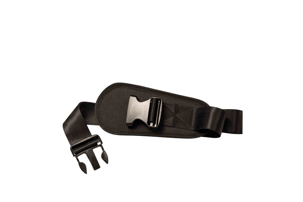 A close up of a 'Rollz Motion' seat belt on a white background