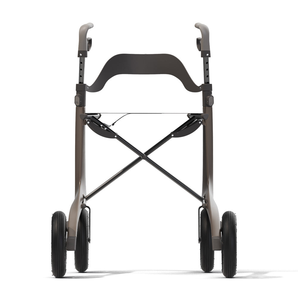 Brown 'byACRE Overland' walking frame with back rest attached