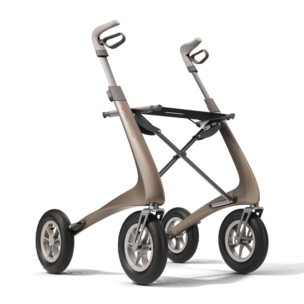 A brown 'byACRE Overland' rollator on a white background