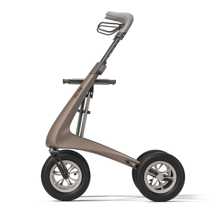 The brown 'byACRE Carbon Overland' rollator on a white background, left side.