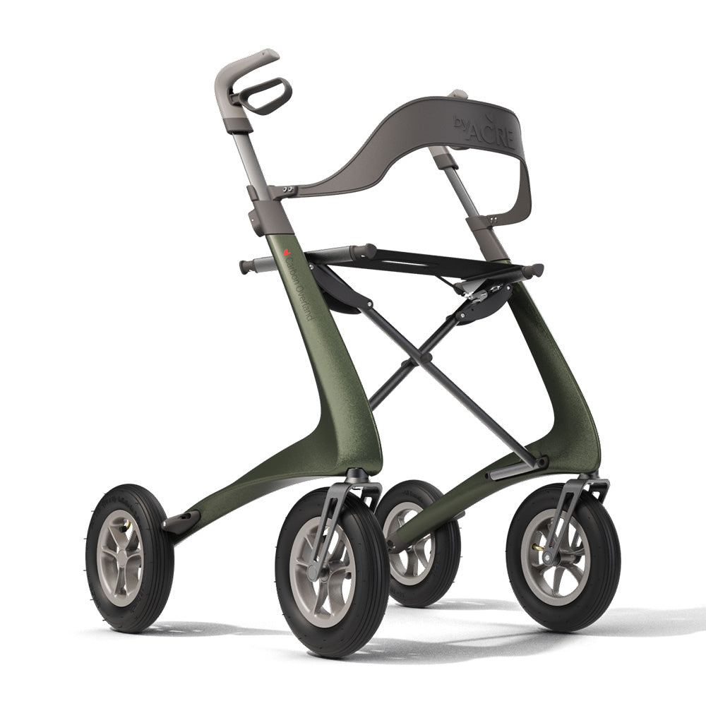 Green 'byACRE Overland' walking frame with back rest attached