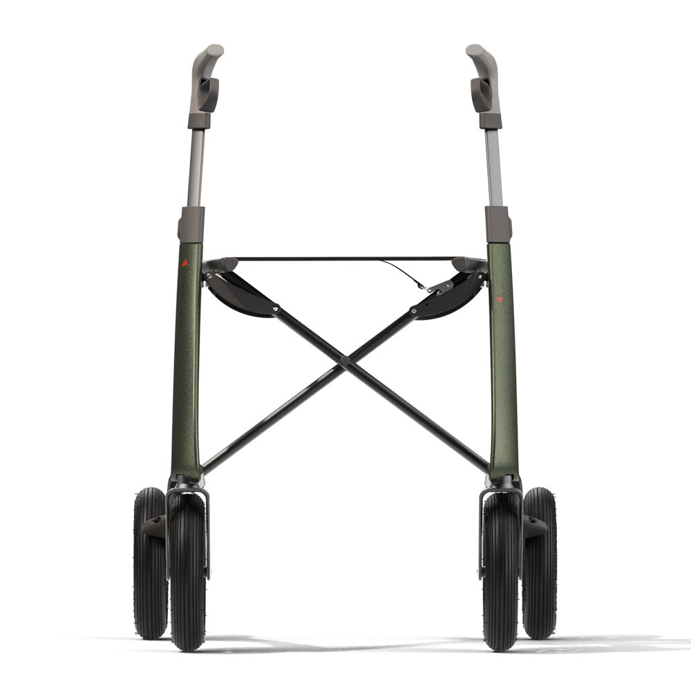 The green 'byACRE Carbon Overland' walking frame on a white background, front side.