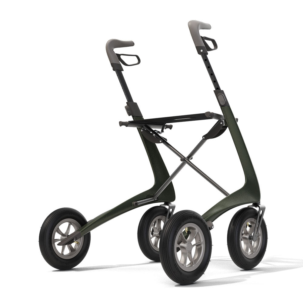 The green 'byACRE Carbon Overland' walking frame on a white background, right rear side.