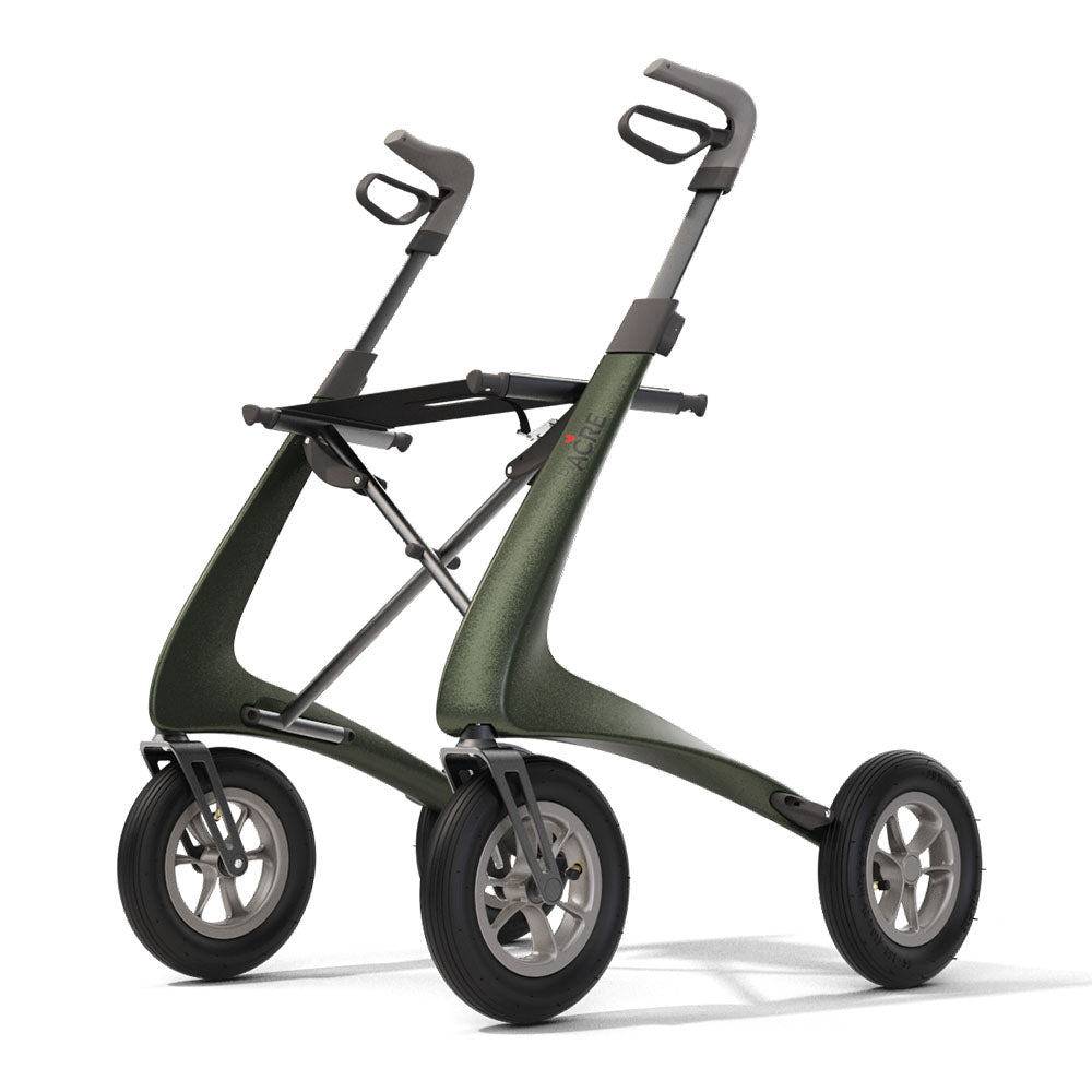 The green 'byACRE Carbon Overland' walking frame on a white background, left front side.