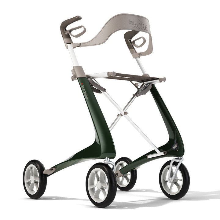 Green 'byACRE Carbon Ultralight' rollator with backrest attached