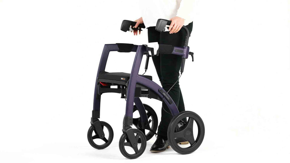 A Rollz Motion walking frame with cup holder