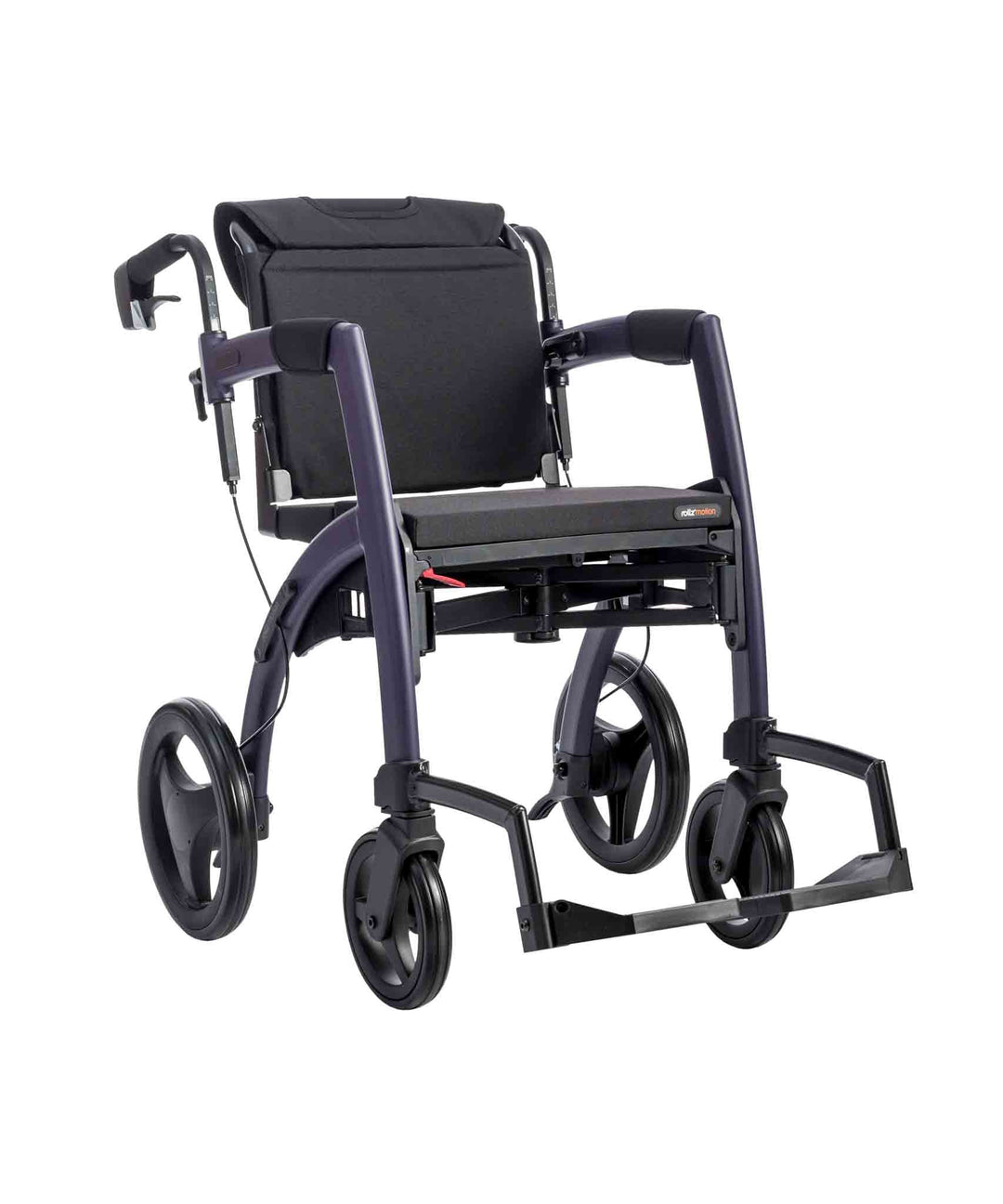 A purple 'Rollz Motion' rollator in wheelchair mode, on a white background