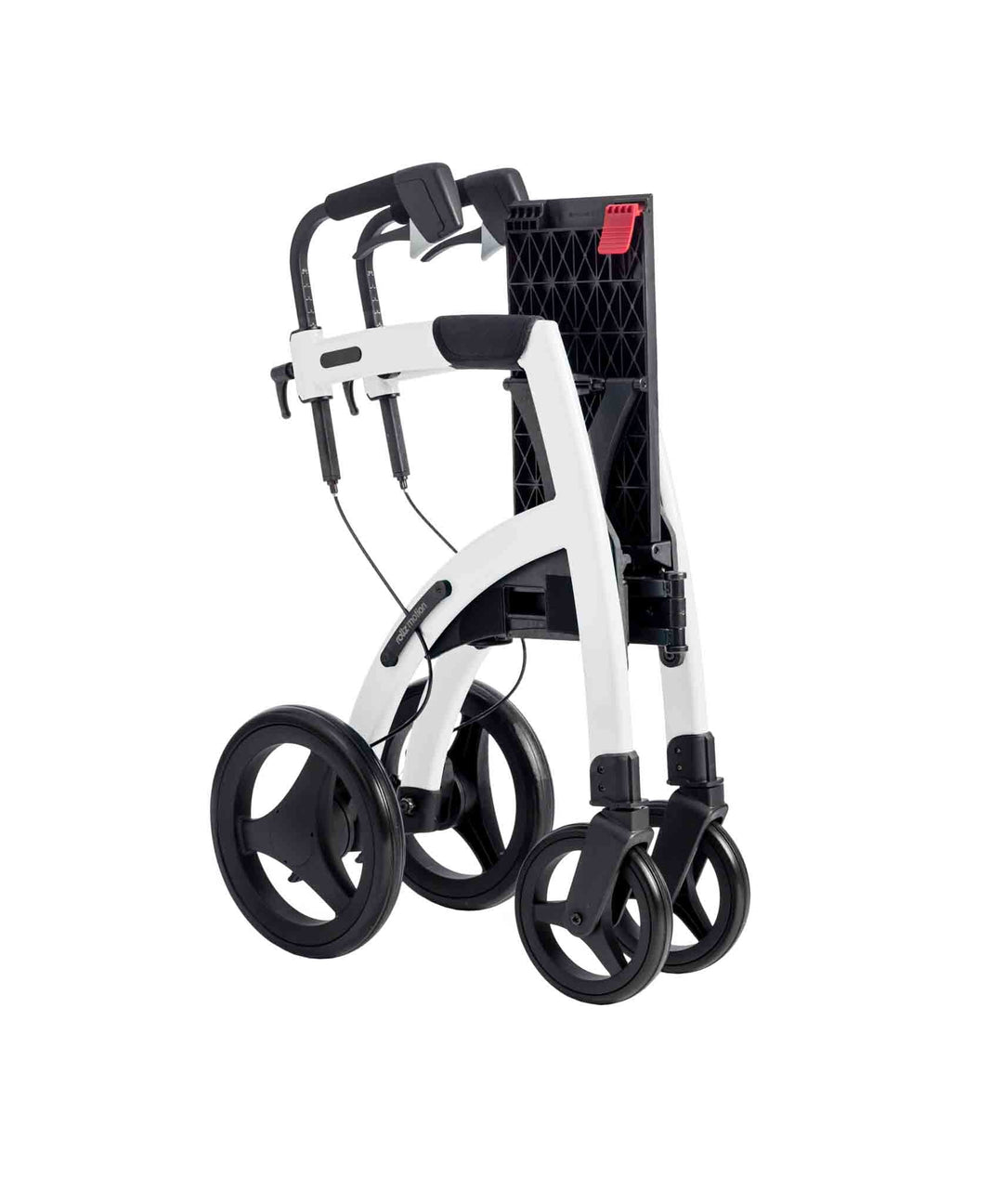 A white 'Rollz Motion' walking frame folded, on a white background