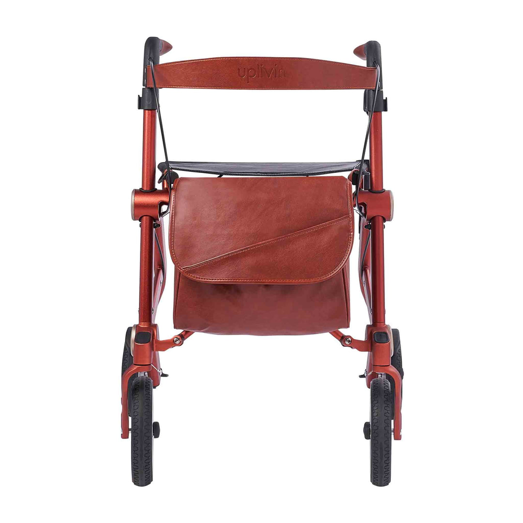 A red 'Uplivin Trive' rollator walking frame with a bag on a white background.