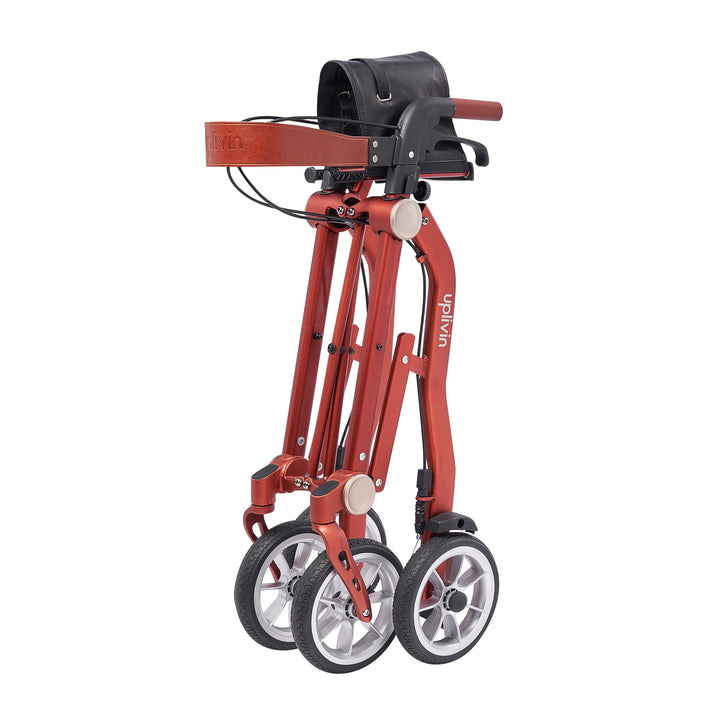 A red 'Uplivin Trive' rollator walking frame that is folded and on a white background.