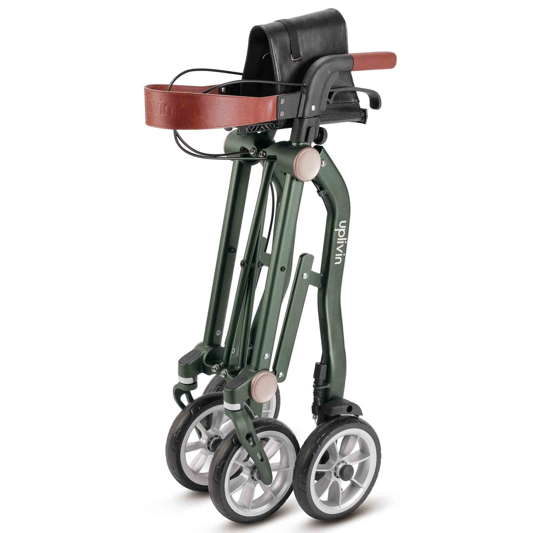 A green 'Uplivin Trive' rollator walking frame that is folded and on a white background.