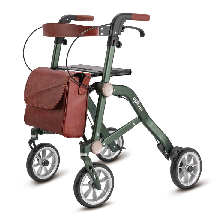 A green 'Uplivin Trive' rollator walking frame with a bag on a white background.